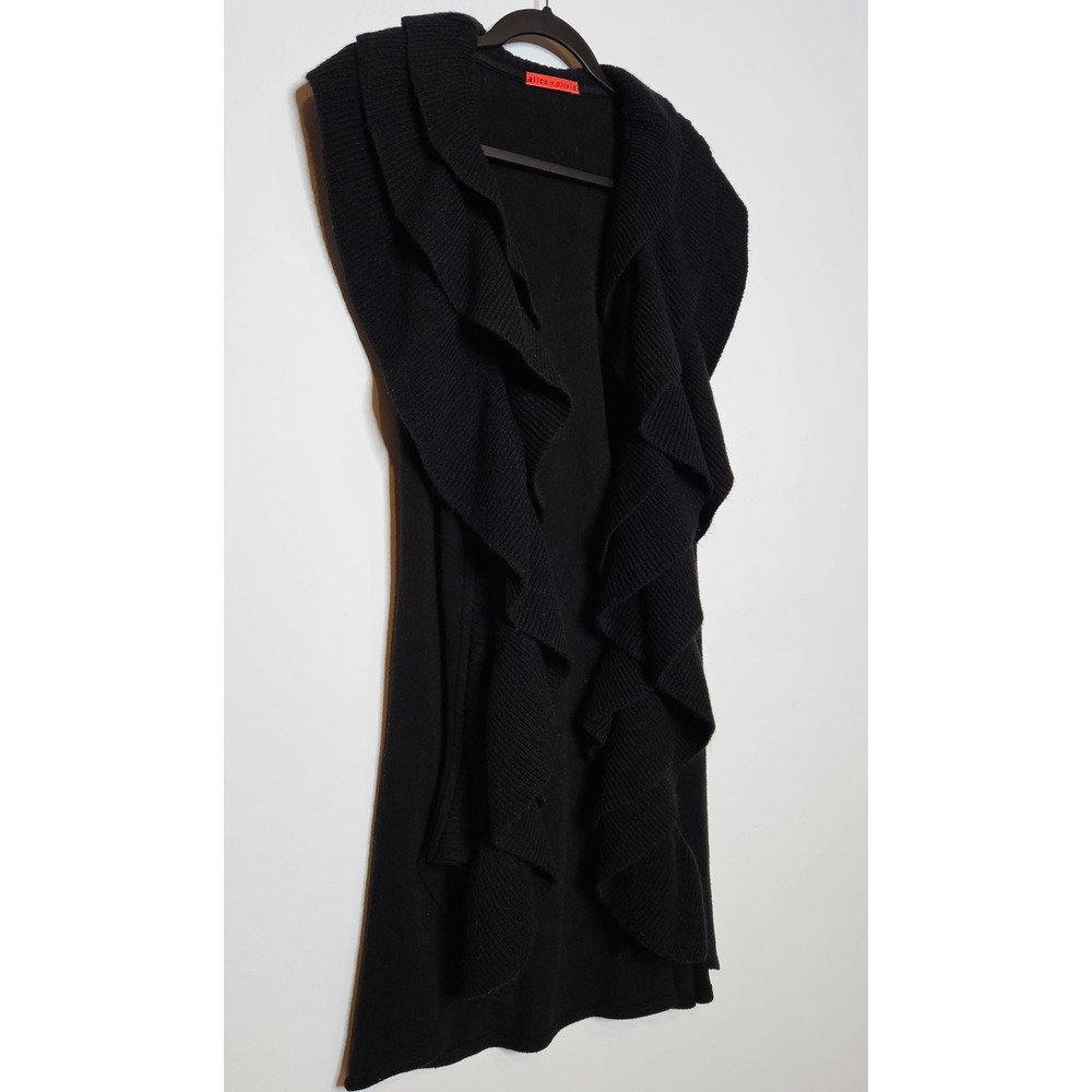 Alice + Olivia Black Sleeveless Cardigan Ruffle Duster‎ Sweater Vest Womens S - Picture 2 of 7